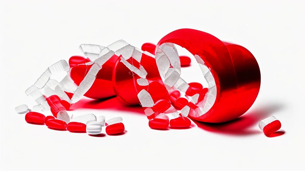 a bubble pack of red pills, next to torn red ribbon, on a white background