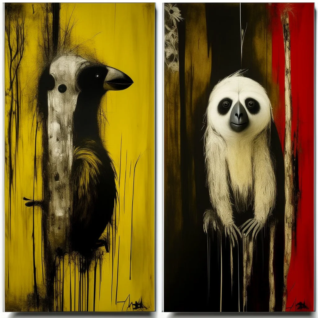 Sloth contrivance, by Colin McCahon and VS Gaitonde, mind-bending image, fragmented, subconscious deconstructivism, dull yellow and black and white and pastel red color scheme, by Yves Tanguy