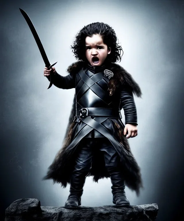 Jon snow toddler, full body, angry, dragon, dramatic lighting, hyper realistic