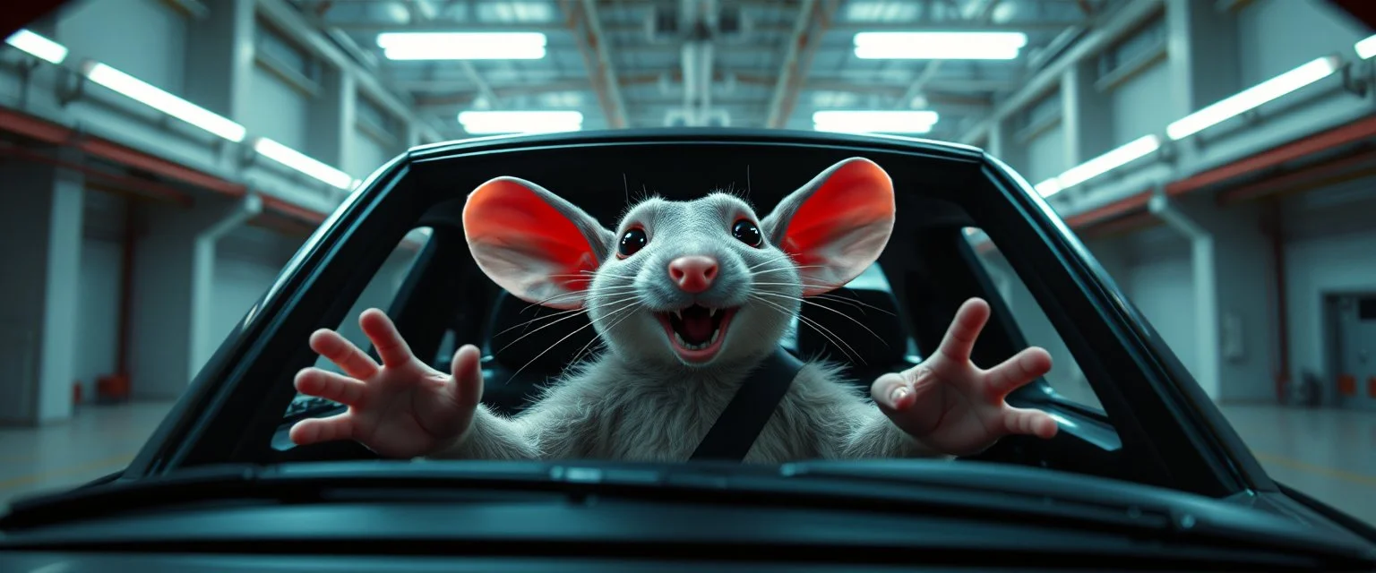 car driving happy 2d neon fluffy rat elf with human hands in the style of Escher and Giger and Fallout 4, pinhole cam, airbrush 3d rendering, on tv screen:A five-second cinematic single take in a clean industrial presentation hall.