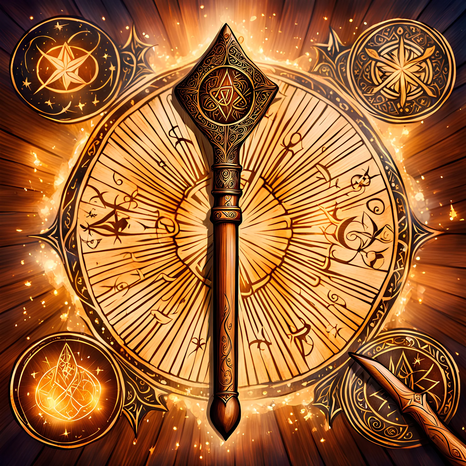 Closeup of an old wooden magical wand with magical symbols engraved into it. Magical. Epic. Dramatic, highly detailed, digital painting, masterpiece