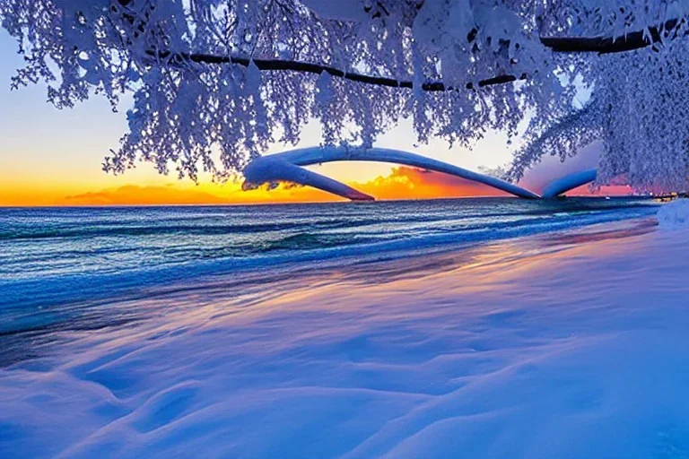 Honolulu Hawaii hotels covered in winter snow and ice at sunrise, winter wonderland