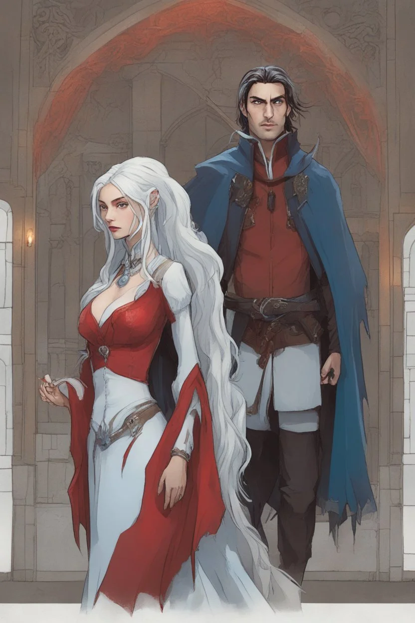 A couple, from the dnd game curse of Strahd. The woman has long white hair and blue eyes, the man has LONG BLACK hair and red eyes, no facial hair. He is standing protectively behind her.