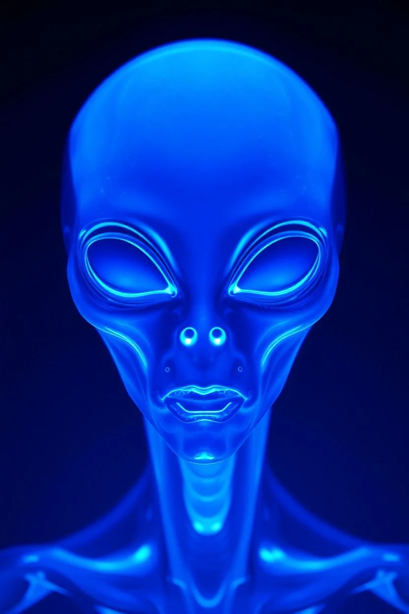 A transparent, hollow, glowing, face , a negative photo , 8k, high resolution for a big head alien in blue