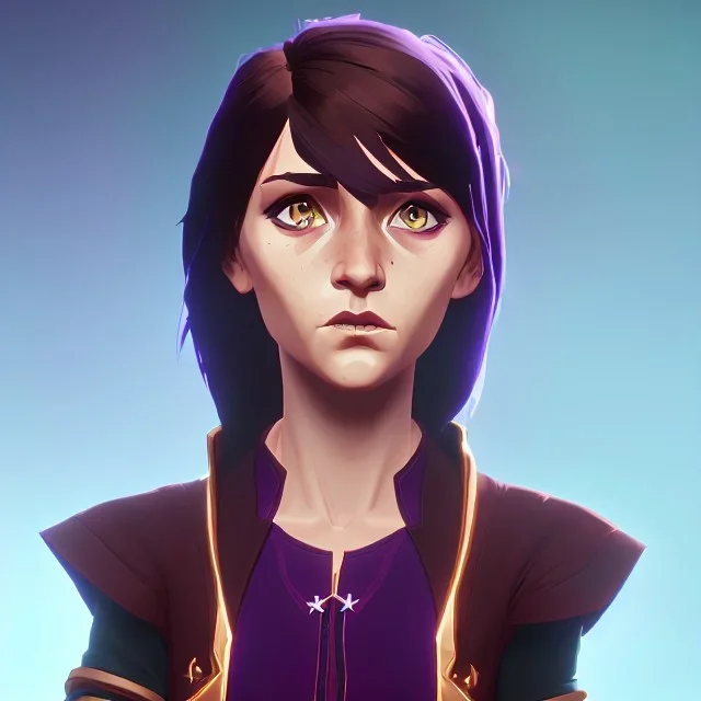 Portrait of a pretty 10 year old warlock girl with brown hair with bangs and blue eyes