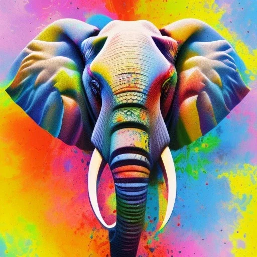 Elephant head portrait, bright colors, splash paint, centered, detail, 8k resolution