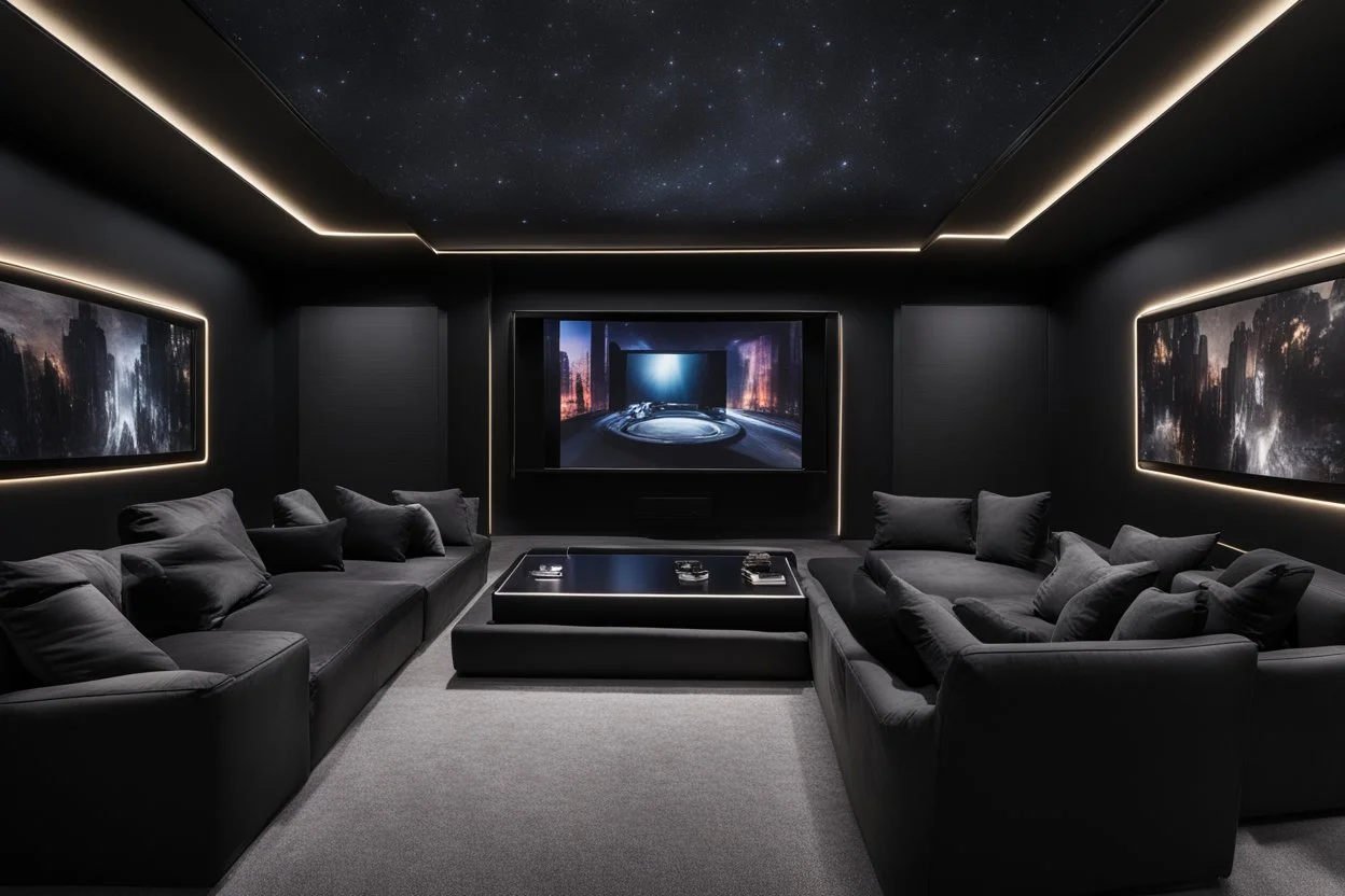 a black themed dedicated home cinema room with LED ambient lighting in the walls make sure the room is completely symmetrical