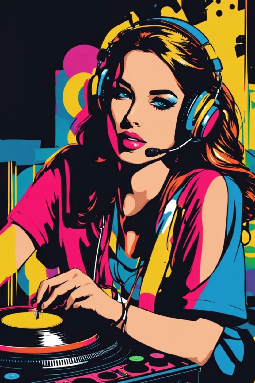 Pop art painting super model pretty girl with headphones playing music on a turntable, dj rave party disco club