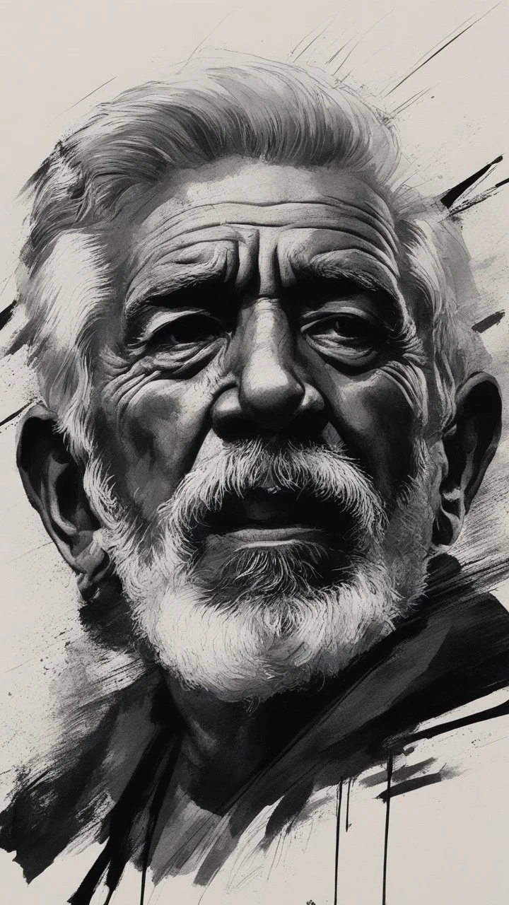 chiaroscuro portrait illustration of Gandi in the style of threadbare abstract expressionism, ebony , black, and pewter , vintage abstract cut-and-paste, ricoh gr iii, editorial illustrations, fine lines, highly detailed hair and facial features