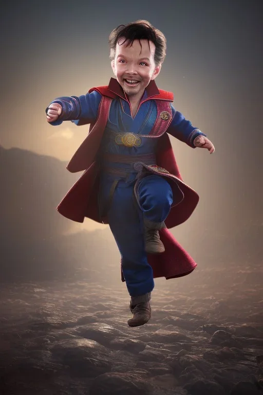 Doctor strange toddler, smile, full body, jump, bokeh, hyper realistic