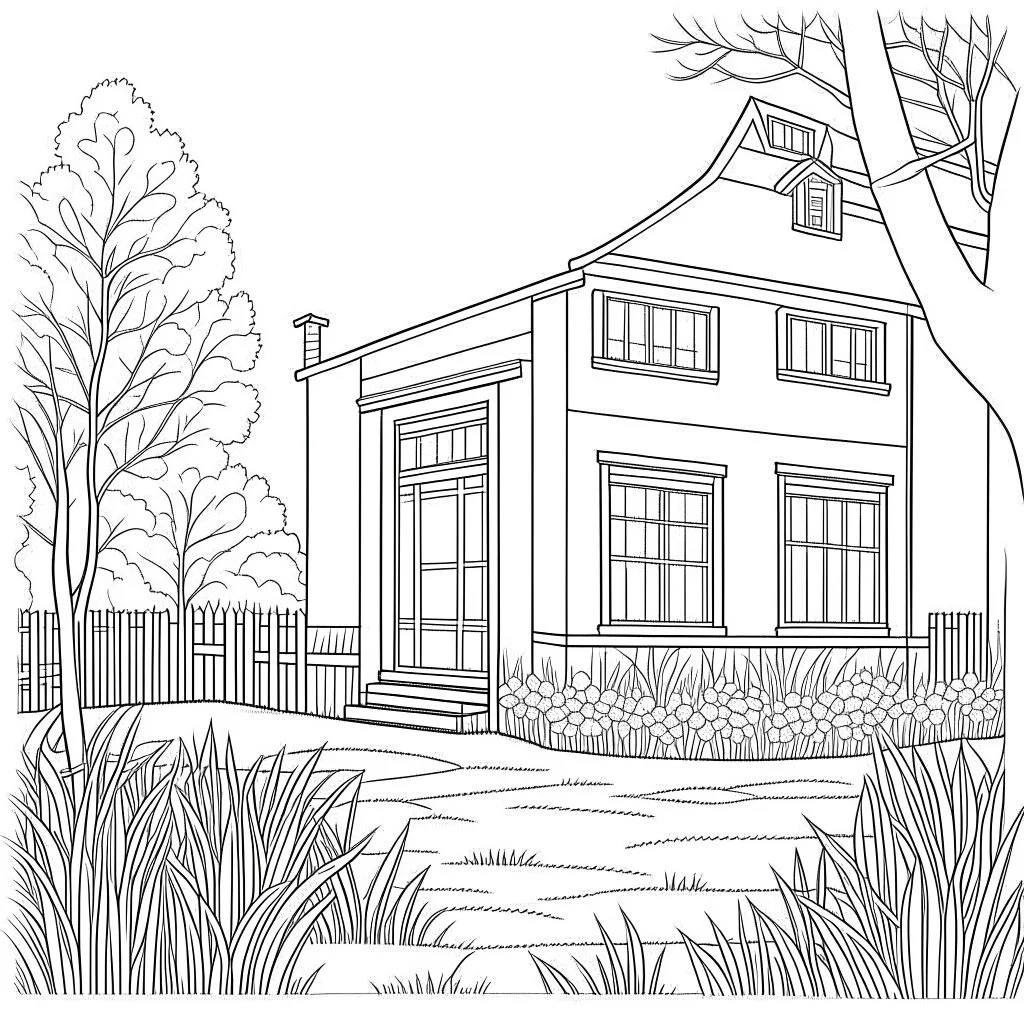 GARDEN HOUSE, "Whispering Willows: Illustrate the serenity of the garden with gentle willows.", full view, realistic, coloring page, only draw lines, coloring book, clean line art, wildlife-inspired, kid style, –no sketch, color, –ar 3:4, white background, minimalistic black lines, 8k, minimal black color, low level black colors, coloring page, use pure black and white colors, avoid thick black colors, thin black line art, avoid colors, perfect shape, perfect clear lines, clear edges,