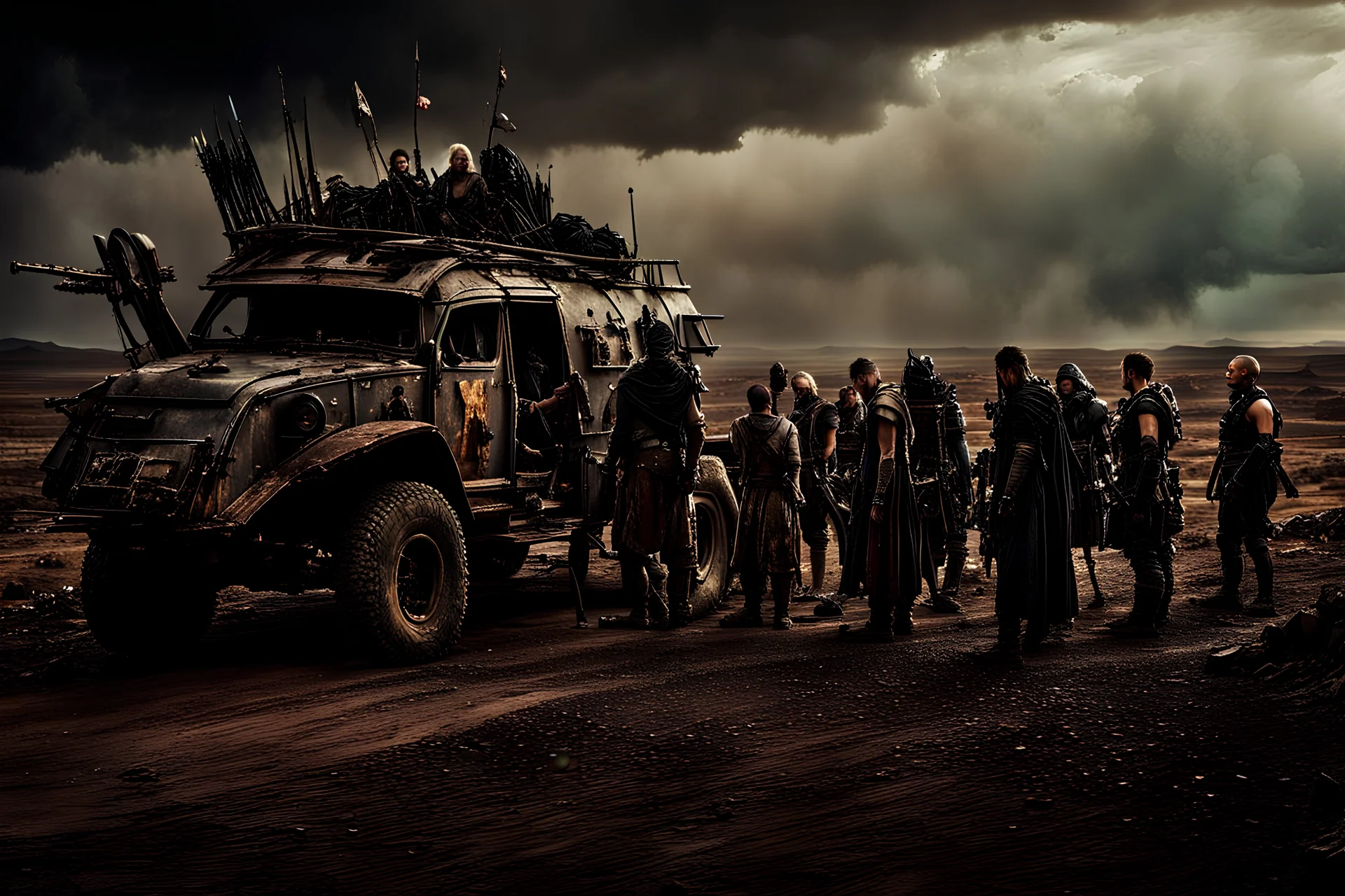realistic detailed movie scene with a caravan of people in armoured clothes made of trash with primitive medieval weapons in post apocalyptic landscape, mad max fury road movie, dramatic cinematic illumination, highly detailed, unique detailed clothing, gloomy mood, dust, dirt, massive storm clouds, side view, post-apocalyptic landscape, ruins in background, detailed landscape, atmospheric, epic