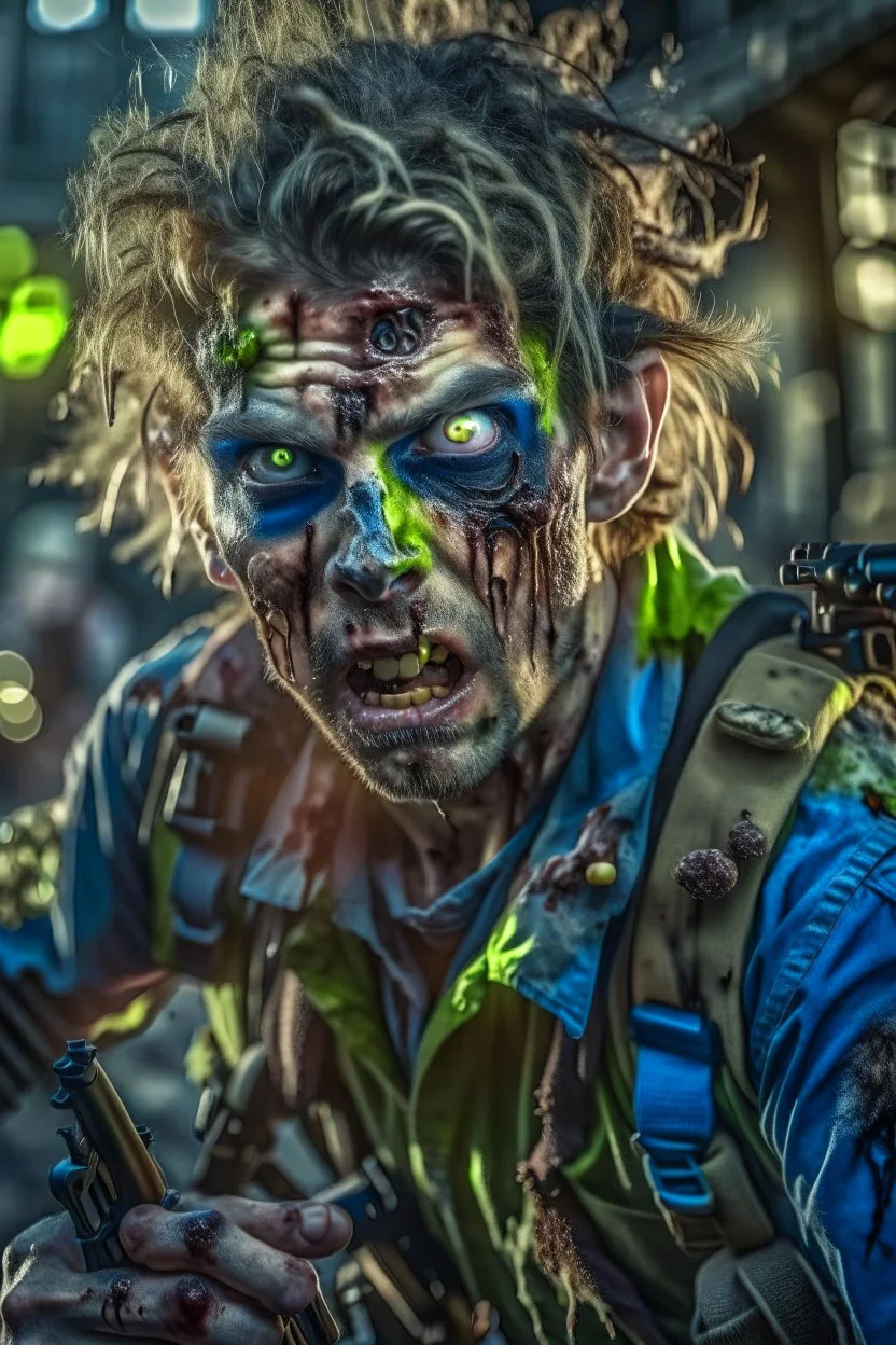 close-up ultra detailed and real looking image, 12k ultra high definition, sexy and cool looking zombie with human features, wild hair, he is a policeman, wearing a police uniform with bullet holes, epic action shot view of him storming towards camera with bazooka in hand, explosive and chaotic background, epic good looking zombie