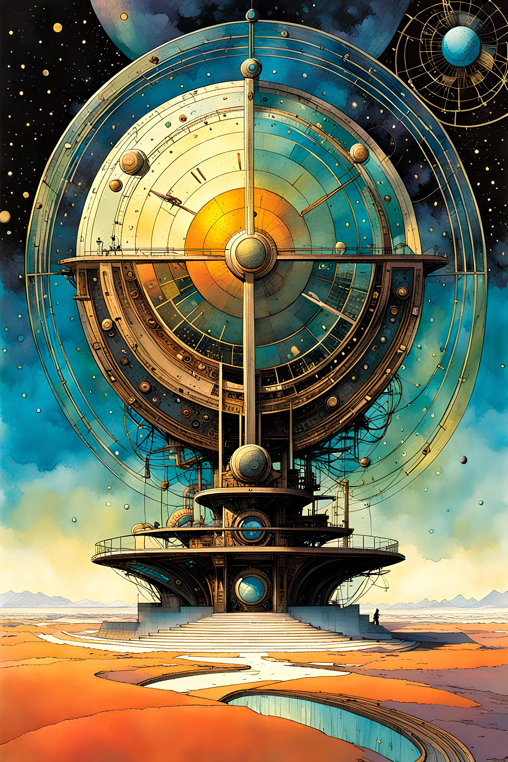 The inner workings of the cosmic clockwork mind as it wonders at its own existence , Tracy Adams , Gabriel Pacheco , Douglas Smith , Bill Sienkiewicz, and Jean Giraud Moebius , muted natural color, sharp focus, ethereal and filled with wonder