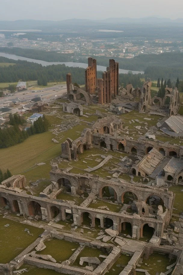 Destroyed City, medieval ruins, debris, stone, breched, brocken, Perspektiv from the sky,