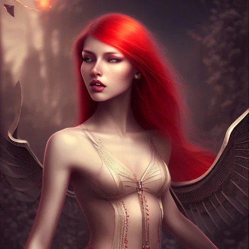 fantasy setting, woman, red hair and white wavy hair