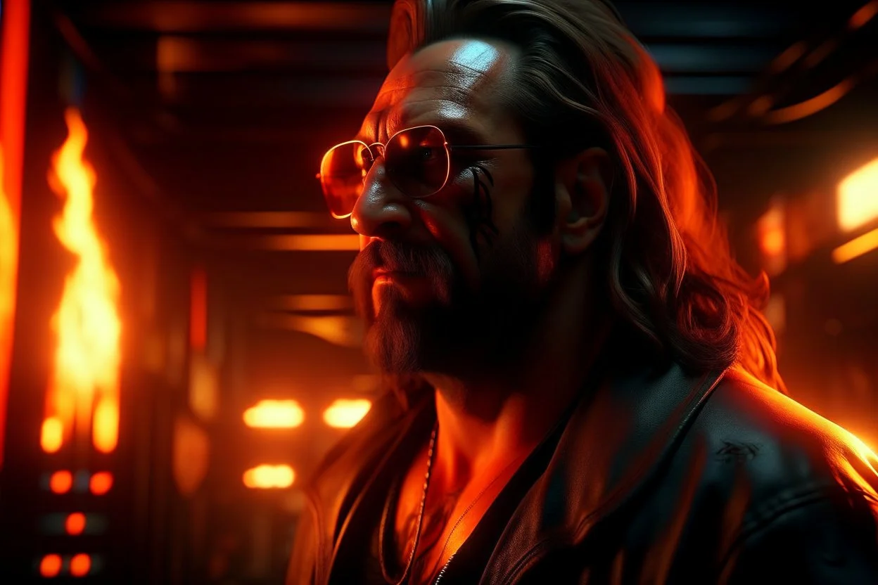 4k full details. maximum lights. Portrait animateur radio demon the big lebowski cyberpunk, incendie en arrière plan