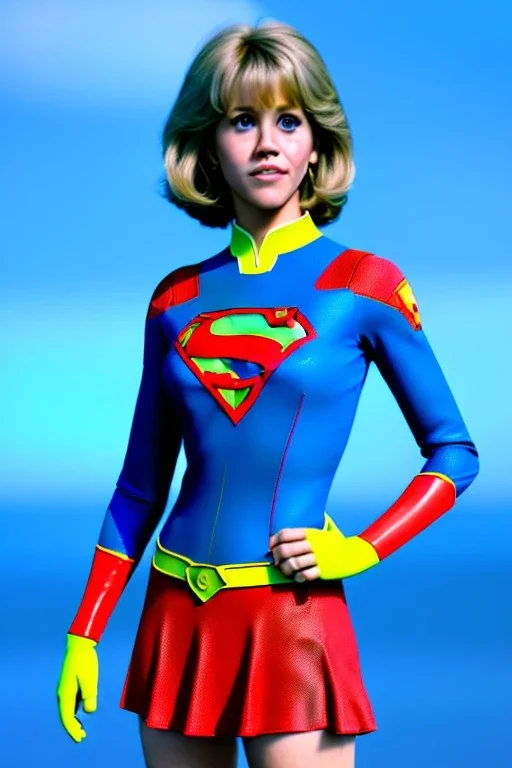 portrait, teenager, Jane Fonda, make-up, happy, satisfacer dildo advertising, Realistic image, 60s, supergirl, tights minimal dress, sweat, Color background, photo studio, concept art, smooth, unreal engine 5, god lights, ray tracing, RTX, lumen lighting, ultra detail, volumetric lighting, 3d, finely drawn, high definition, 4k.