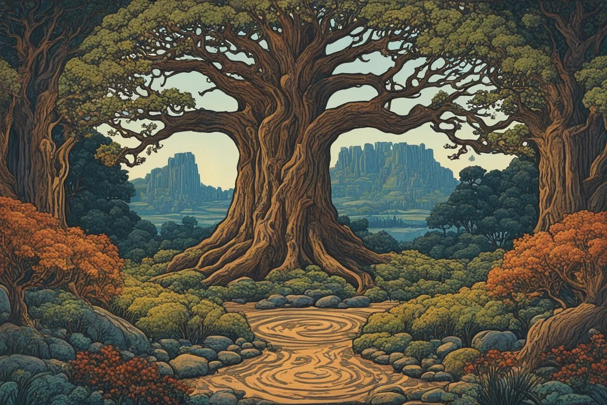 museum quality color woodcut of Yggdrasil, towering over a circle of ancient Druidic standing stones, in the style of Gustave Baumann, with a fine art aesthetic, highly detailed, finely cut ,8k render