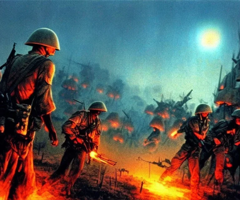 vietnam war. war. napalm. bokeh. lens flare. warm lights. high detailed. beksinski