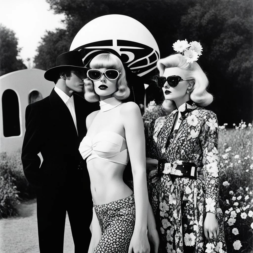 [art by Helmut newton and David Hockney] false east, nightmare embrace, pulp sci-fi, retro, dark sci-fi, hippie aesthetic, flower power, trippy colors, tarot, macabre, pin-up girls