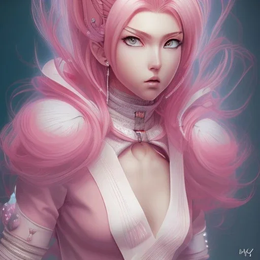 Personagem de anime de cabelo rosa,sentado,alto detalhe,media resolução,pintado por Hirohiko araki