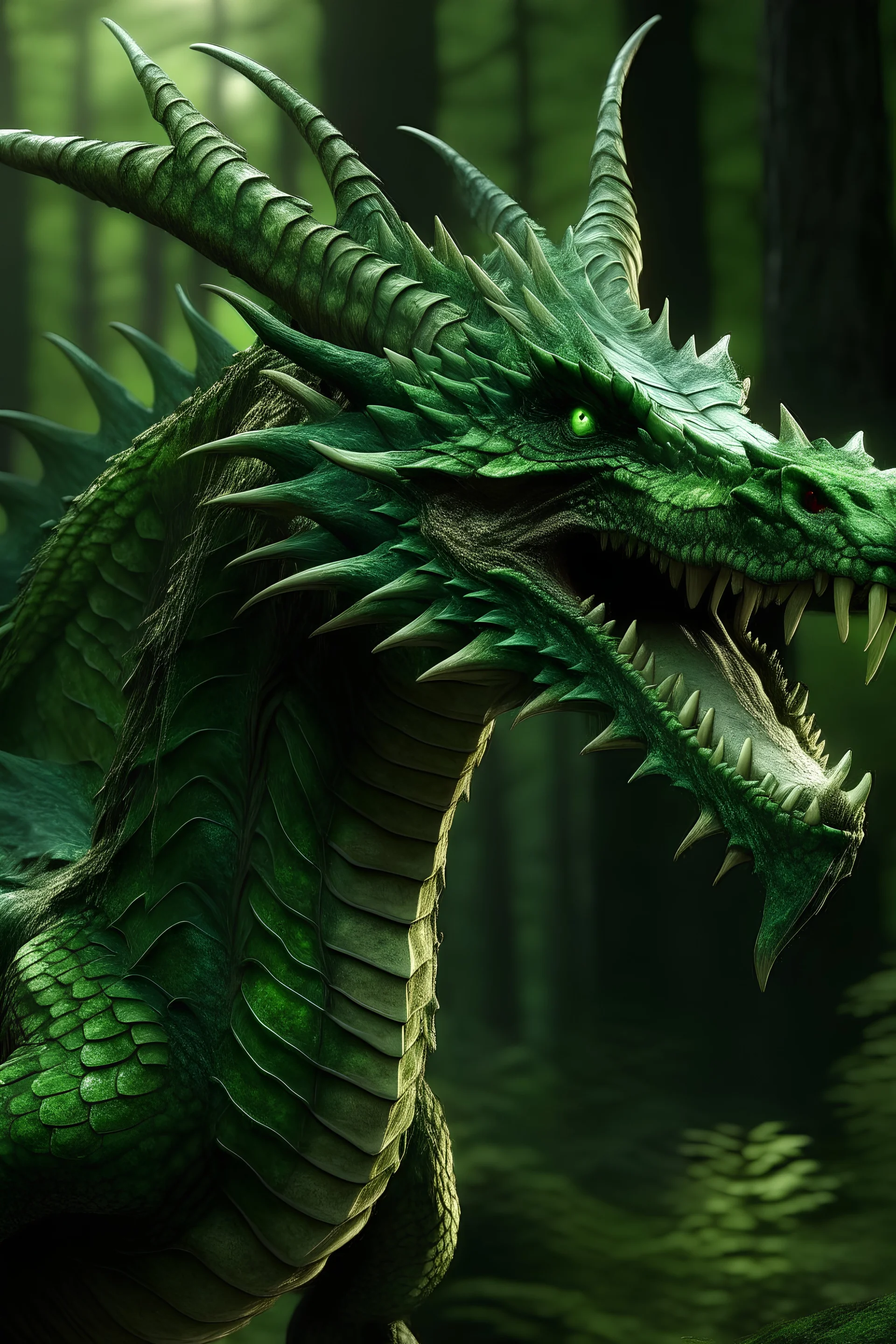evil green dragon, wings, sharp teeth, high quality image, realistic image, 8k, high quality, hyperrealism, against a green forest background