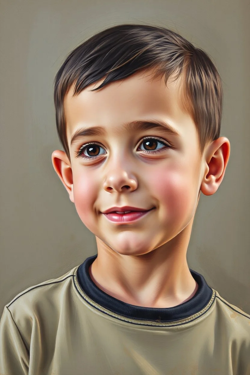 A five-year-old Palestinian boy with a beautiful face, his face turned slightly to the right, a slight smile, his mouth closed, no teeth visible, his eyes looking to the left, he appears to be drawn with oil paints