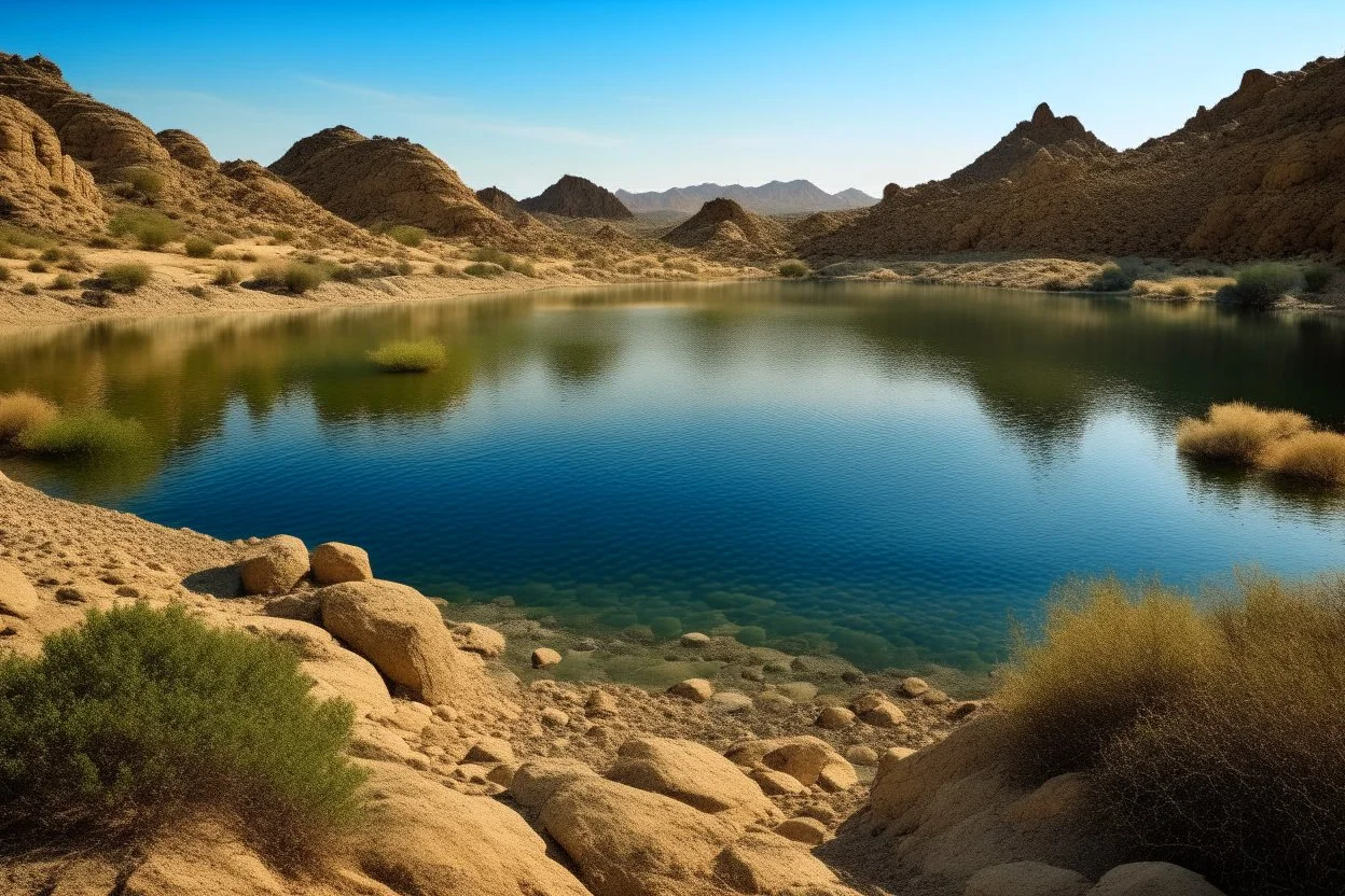 lagoon, rocks, distant mountains, arid land, desert, pond, rocks, epic