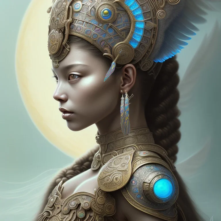 Sango fantasy, fantasy magic, intricate, sharp focus, illustration, highly detailed, digital painting, concept art, matte, art germ and Paul Lewin and Kehinde Wiley, masterpiece Mayan princess dancer head bronze feather's' Asian Latin girl nice breast brown hair turquoise silver blue sky