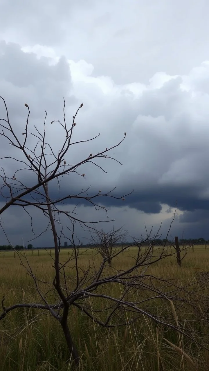 Windblown branches in the field with storm and winds with clouds and