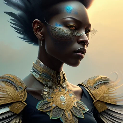 close up of black woman crows and feathers, intricate, elegant, highly detailed, digital painting, artstation, concept art, smooth, sharp focus, illustration, art by artgerm and greg rutkowski and alphonse mucha