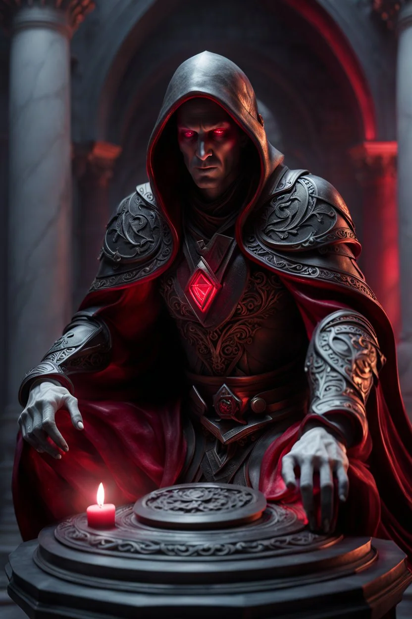 highly detailed marble and ruby sculpture of a male necromancer, beautiful hands, stunning face, volumetric fog, Hyperrealism, breathtaking, ultra realistic, unreal engine, ultra detailed, cyber background, Hyperrealism, cinematic lighting, highly detailed, breathtaking, stunning environment