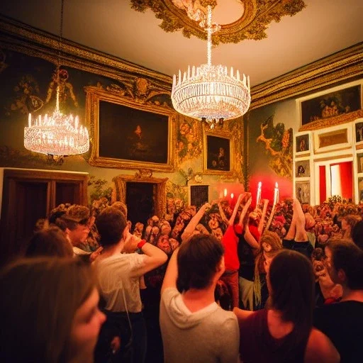 Party in a schloss, cheering people, Austrian aesthetic, warm colors, wood, green, red, 8k, HD, cinematography, photorealistic, Cinematic, Color Grading, Ultra-Wide Angle, Depth of Field, hyper-detailed, beautifully color-coded, insane details, intricate details, beautifully color graded, Cinematic, Color Grading, Editorial Photography, Depth of Field, DOF, Tilt Blur, White Balance, 32k, Super-Resolution, Megapixel, ProPhoto RGB, VR, Halfrear Lighting, Backlight