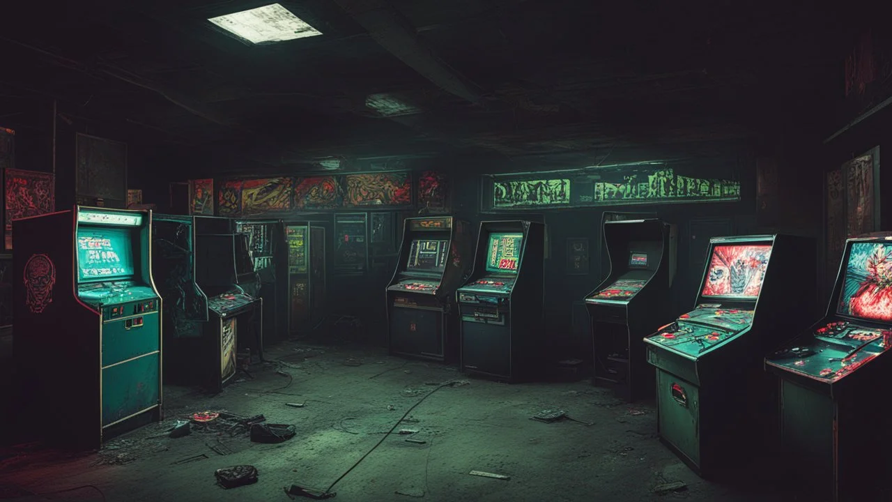 desolate dark arcade, many arcade cabinets, horror, no humans