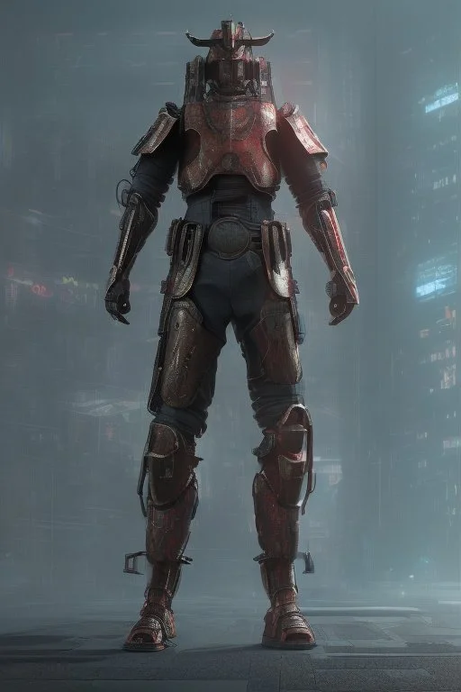 Fully armored cyberpunk samurai, photorealistic