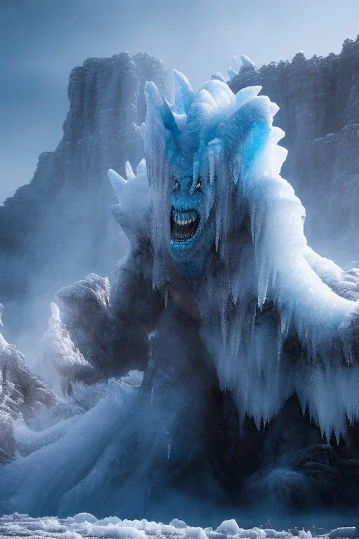 Giant scary ice and stone humanoid monster, dramatic scenery, cold light