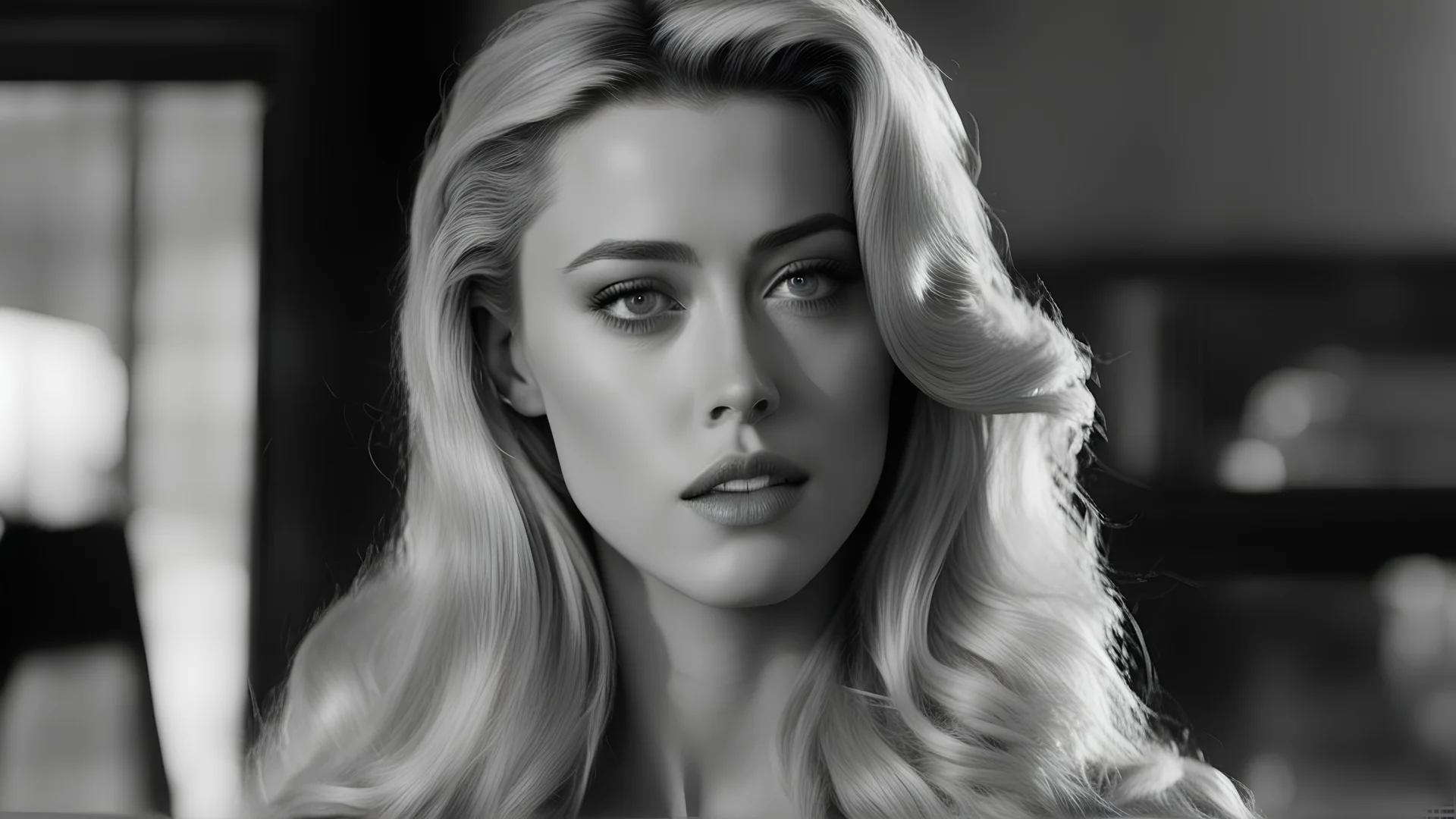 Amber Heard actress in movie Psycho (1960) ,colour movie tone, random scene, Bright blond long hair, film gain, skin tone and face detailed,4k, middle 16:9,B:W