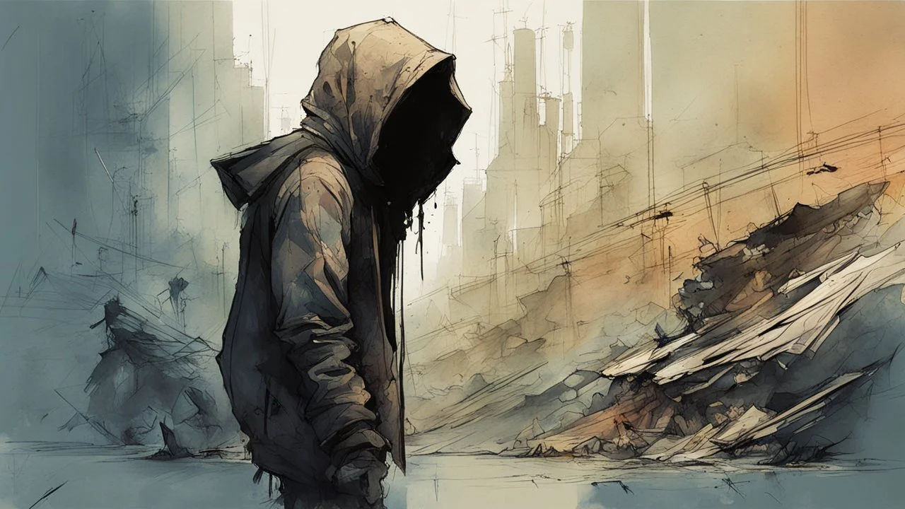 death in a hoodie talks to man on the remains of the world, a light watercolor sketch, by Leonid Afremov & Benedick Bana & Atelier Olschinsky & Ian McQue