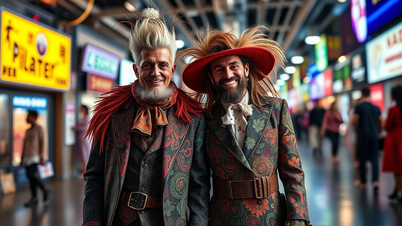 Nikon D850 with AF-S NIKKOR 24-70mm f/2.8E ED VR lens at f/5.6: [Two innovative happy individuals wearing strange, suave, beautiful, fantasy fashionable clothing] in a [parallel universe], showcasing [full-height figures from head to foot with intricate details], [vibrant colors and deep shadows], creating [a surreal and captivating atmosphere with precise textures and anatomy]. focus peaking enabled, Nikon Picture Control with enhanced color grading.