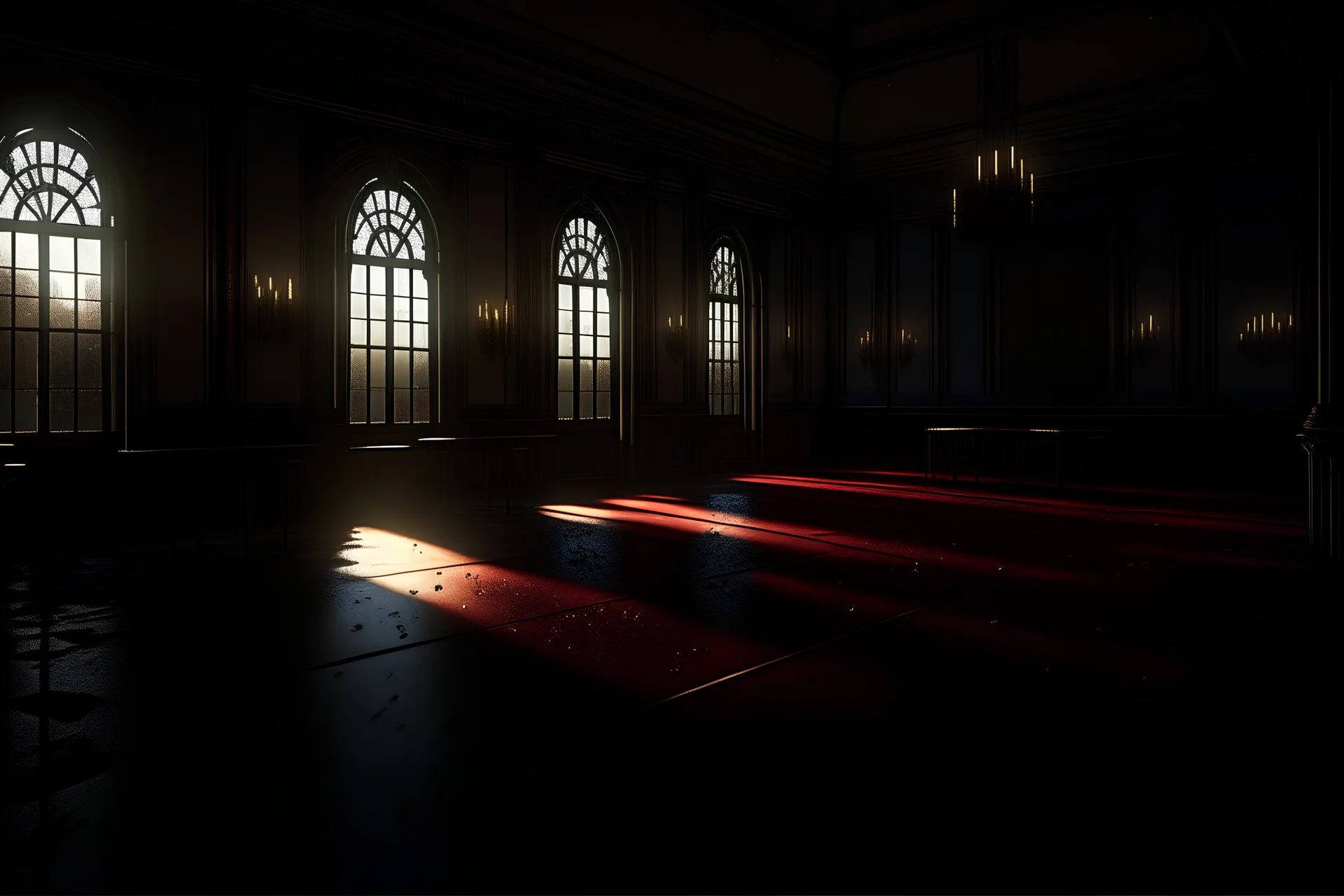 morning ballroom.The lighting inside the ballroom has been lowered, with only a few faint candle lights dotting the space. This environment creates a mysterious and unsettling atmosphere. Scattered on the ballroom floor are fragments of shattered wine glasses, forming a clear trail, there are traces of blood, indicating the severity of the crime. The gun lies abandoned on the floor, indicating the intensity of the conflict.