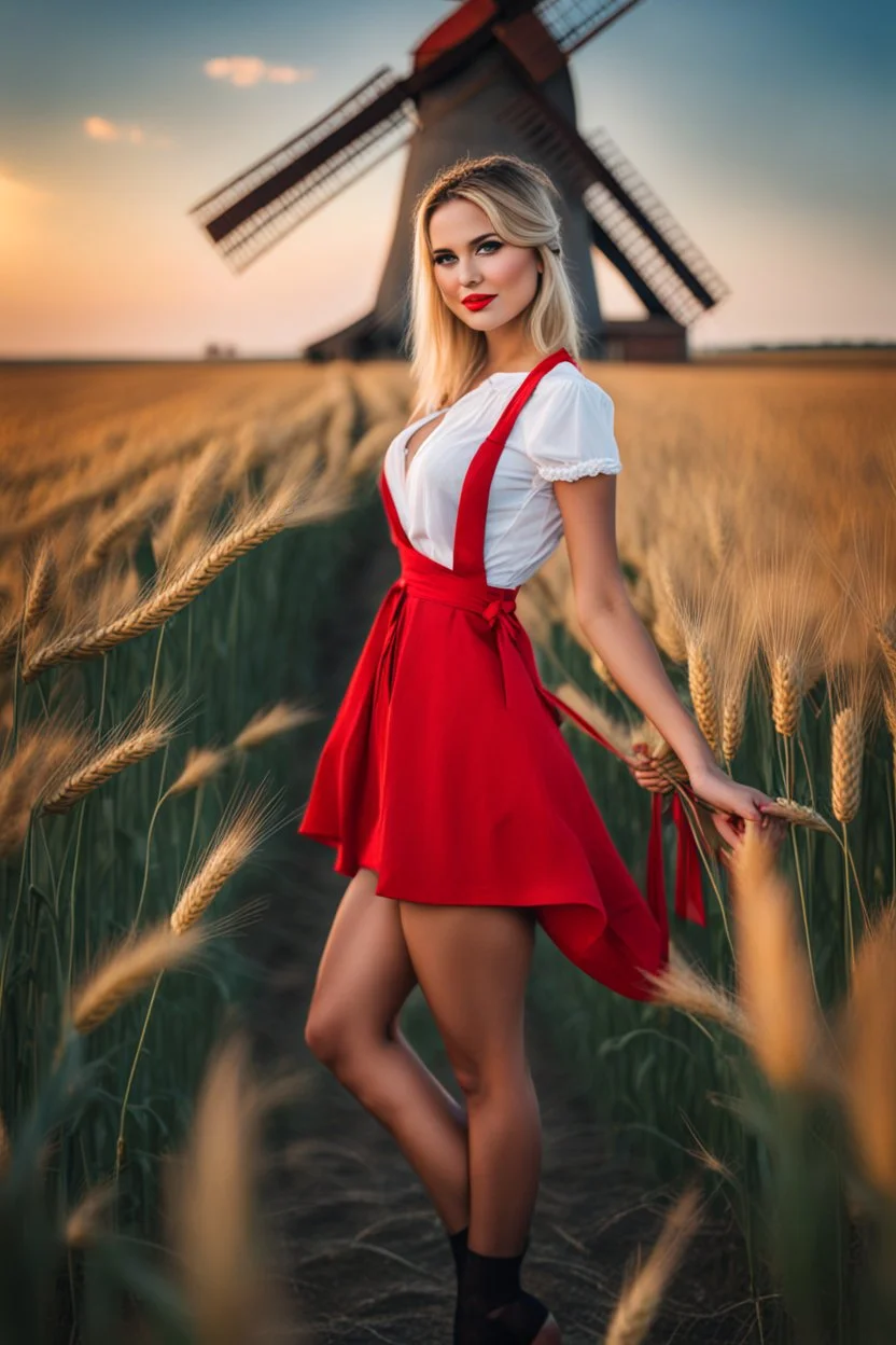 Beautiful russian girl, blonde hair, bold lipstick, windmill, wheat field, braided bangs, braided bobcut, solo, apron,thick thighs, side-tie panties, black hair,red dress, portrait