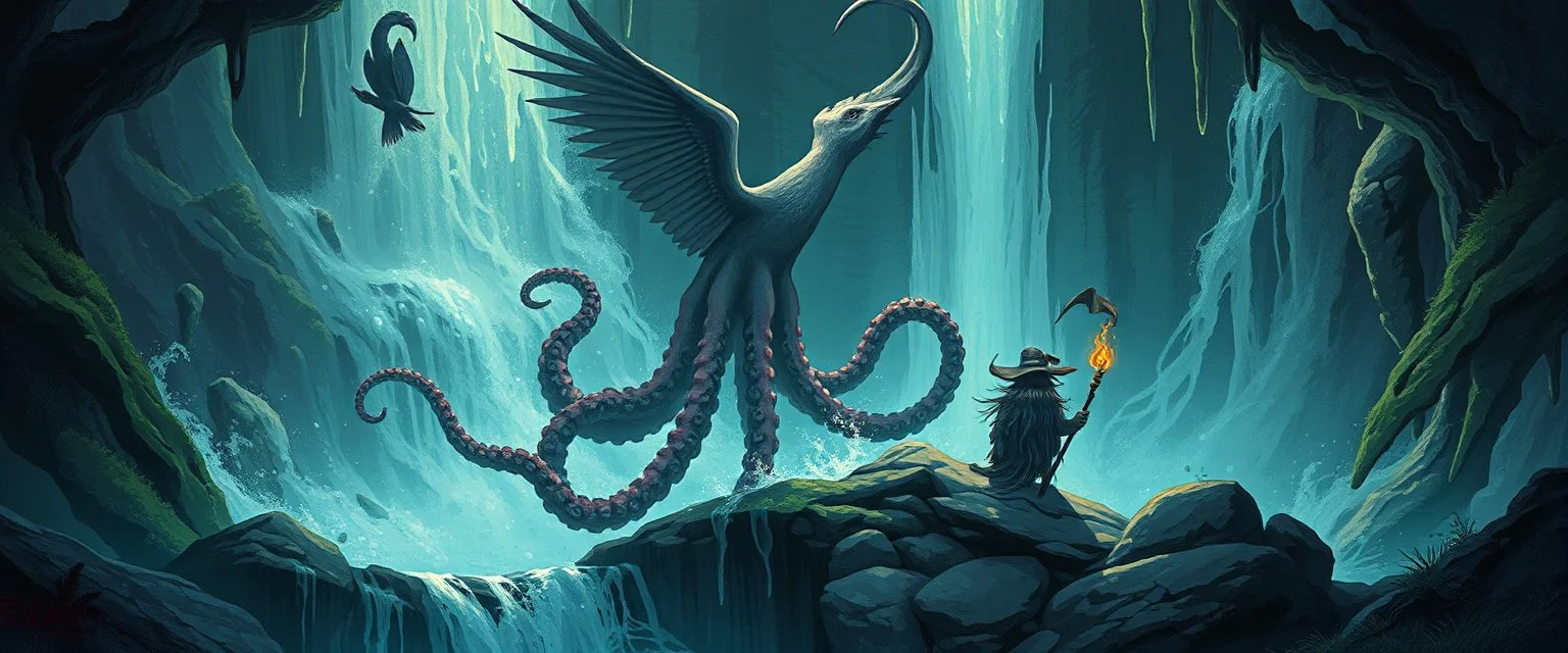 octopus bird witch bear by waterfall looks beyond really powerful, fantasy illustration