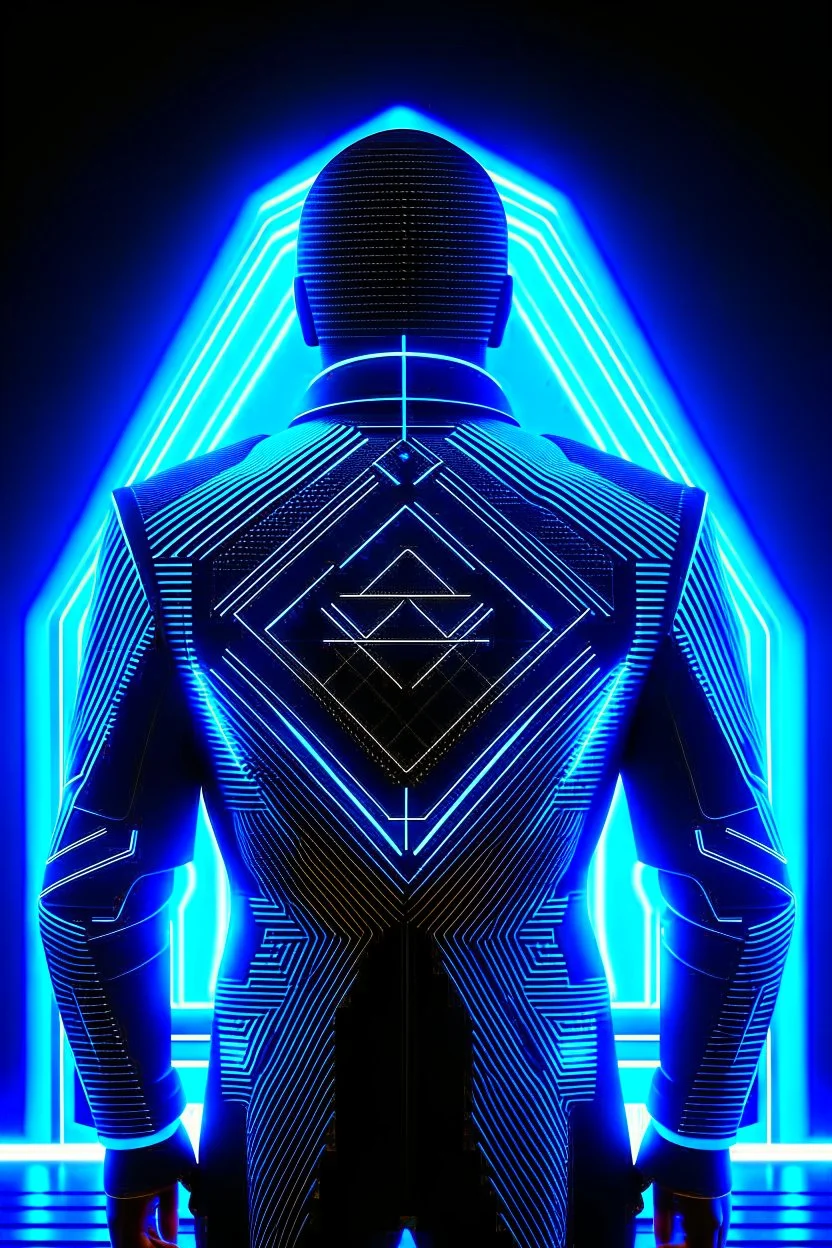 cyberpunk, neon blue, triangle of light floating behind the back, cyber suit, geometric patterns on a suit, male