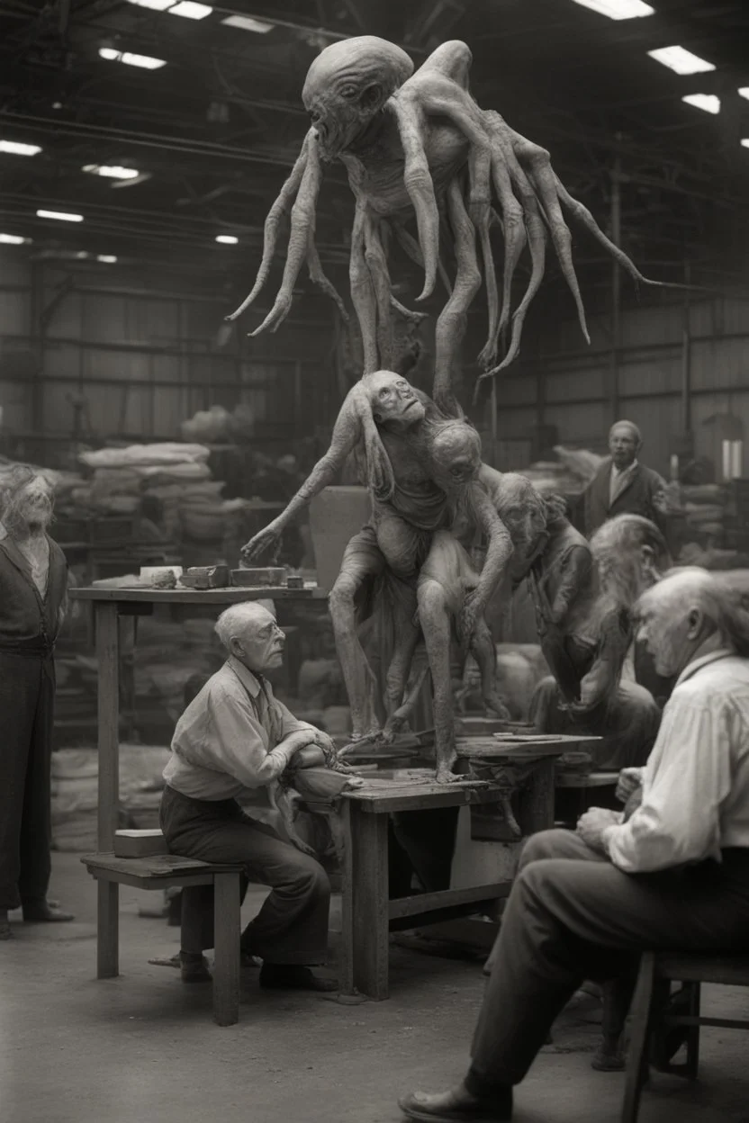 1900's black and white vintage photo, interior, working (alien) organ manufacturing factory warehouse, unhappy and angry,stange long grey alien human hybrid creature with a family that is super sad, captured on square format film, grainy brown, aged, old men depressed, tired