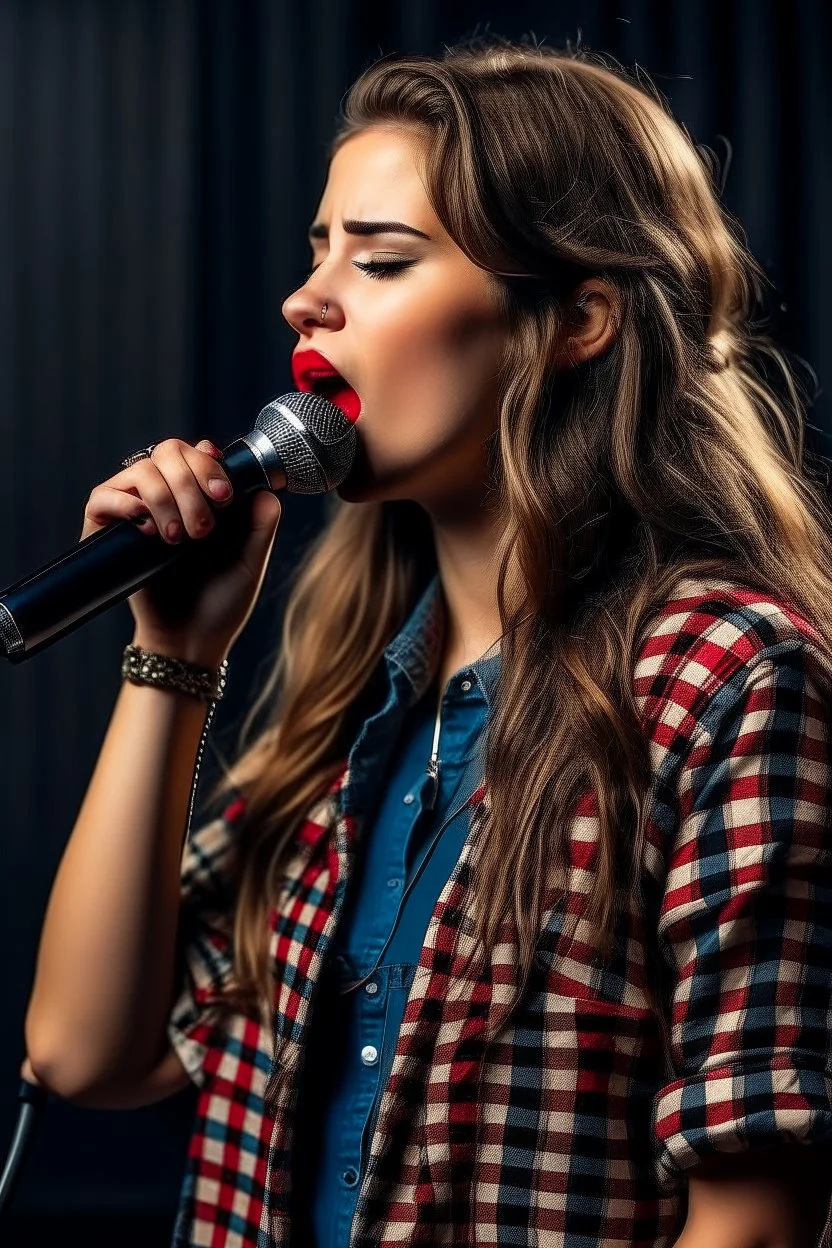 idealized female model country music singer leaning forward while holding microphone in one hand, other hand brought up to side of neck, change clothing to plaid in natural tones, leather bracelets on wrists, long hair, mouth open singing, rings on fingers, eyes closed