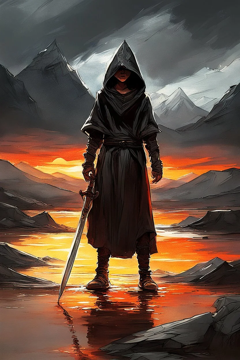 A formidable warrior-a 10-year-old boy in a black robe with a hood, on the background Amazing gloomy landscape, flooded with sunset, mountains, trees, fabulous scary hero, , juicy emotions, painting, dark fantasy, bad weather, gloomy day, dark world, by Raymond Swanland & Anna Razumovskaya & James Paick & Alyssa Monks