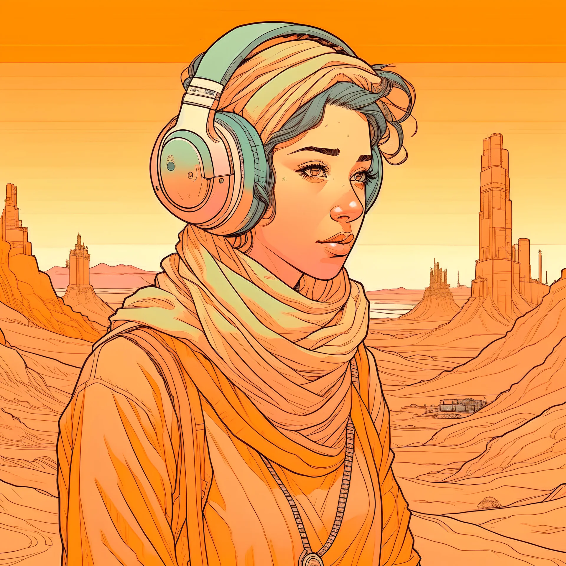 Moebius style scifi girl with headphones solid colors with a desert and dusty station in the background