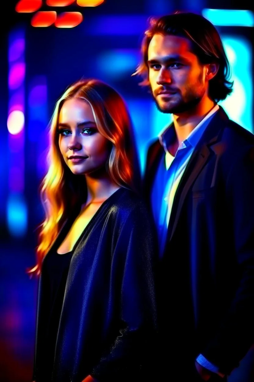 the genre is modern, a gorgeous couple, a beautiful woman model and actress, long hair, bright eyes and a beautiful man in modern clothes, he has blond hair, bright, expressive eyes, perfect facial features, he looks like a famous actor, a very beautiful favorite of all women, a full body, he stands tall, background bokeh