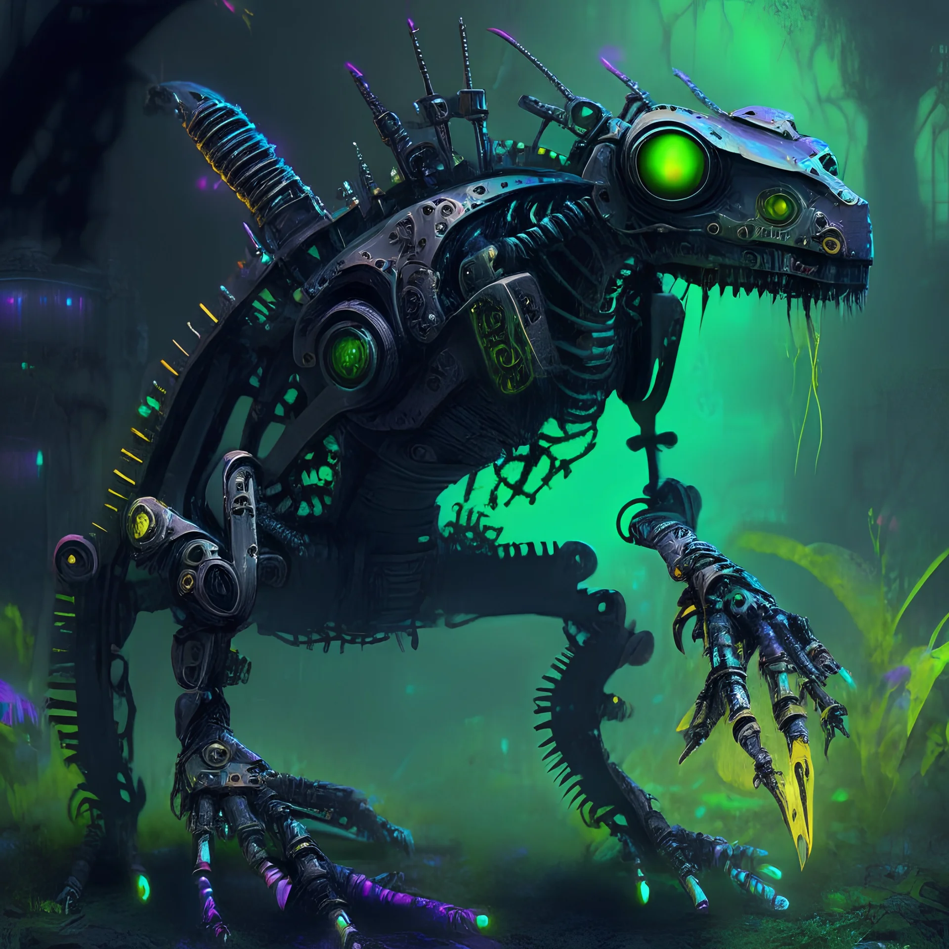 steam punk neon black gecko mech robot in graveyard